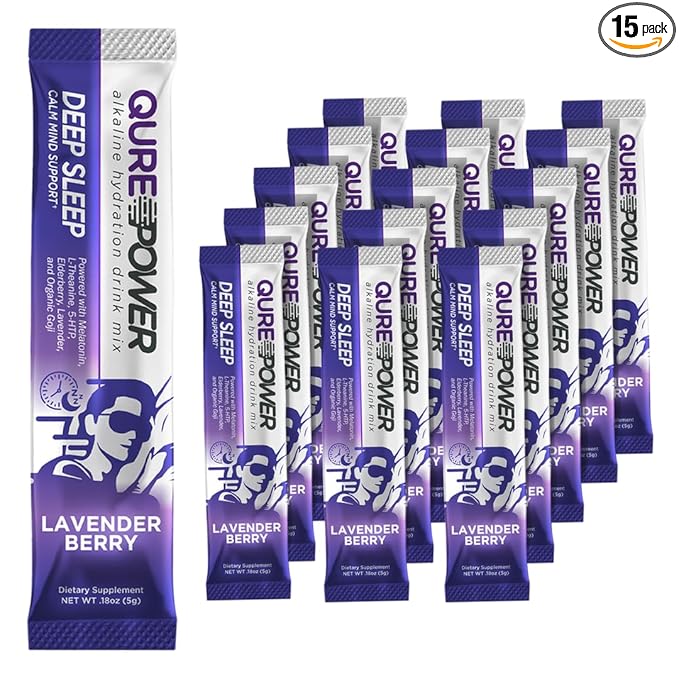 QURE Deep Sleep Aid Drink Mix w/ 5mg Melatonin &amp L-Theanine for Stress Relief | Non - Habit Forming Magnesium &amp 5 - HTP Powder | Alkaline Hydration | 15 Sticks (1 Box)