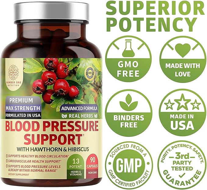 2-Pack N1N Premium Blood Pressure Support with Hawthorn and Hibiscus [13 Potent Ingredients] Natural Supplement to Support Blood Flow Health 180 Caps