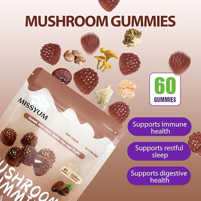 Mushroom Gummies 10-in-1 Adaptogenic Blend Vegan Coffee Flavor 60 Count | with Lion's Mane Reishi Chaga Shiitake &amp More