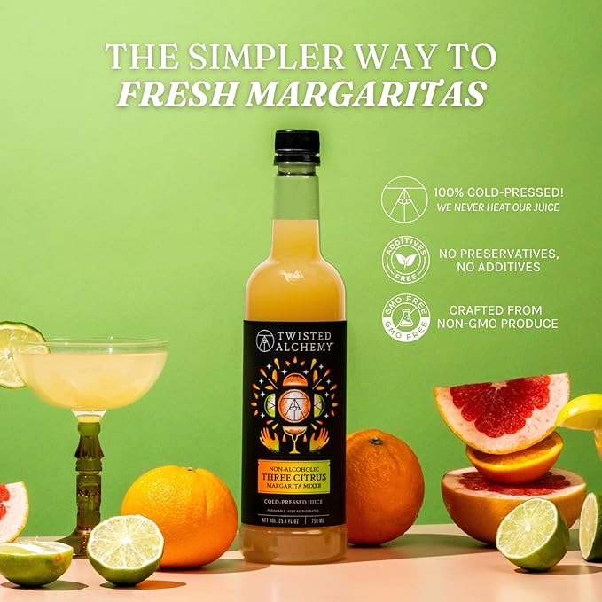 Twisted Alchemy Three Citrus Margarita Mix - Premium Margarita Mixer With Cold Pressed Juice For Craft Cocktails 50% Juice - (25 Oz Bottle Pack of 3) - All Natural Non-GMO &amp Preservative Free -
