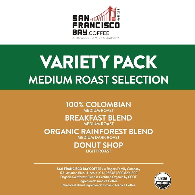 San Francisco Bay Compostable Coffee Pods - Variety Pack Medium Roast (40 Ct) K Cup Compatible including Keurig 2.0 Colombian Breakfast Organic Rainforest Donut Shop