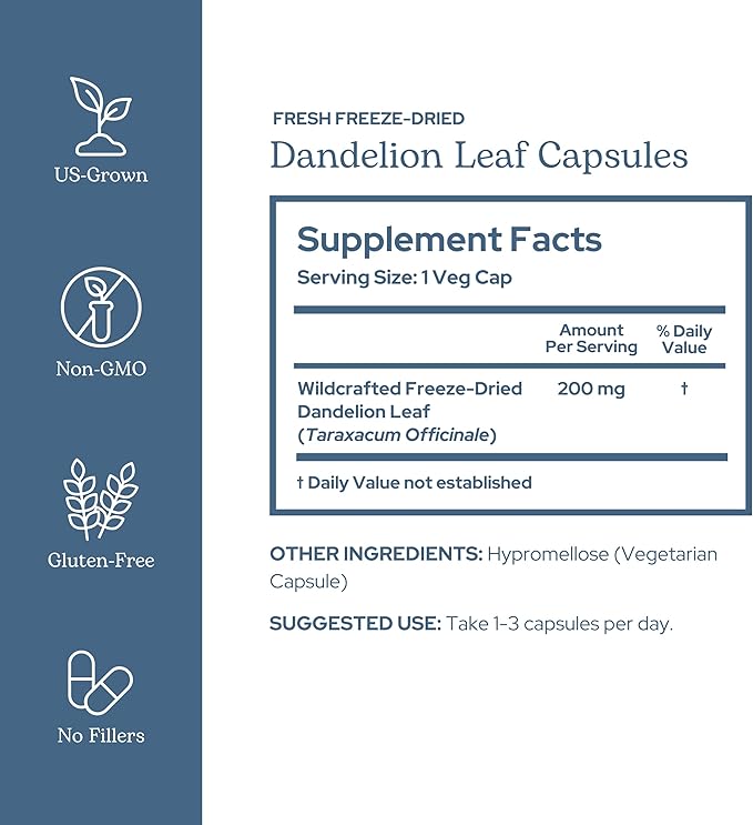 Eclectic Herb - Raw Freeze-Dried Dandelion Leaf Capsules | Supports Cleansing Digestive Function &amp Heart Health | Natural Herbal Supplement | Organic Non-GMO Vegan Whole Herb (90 CT | 200 mg)