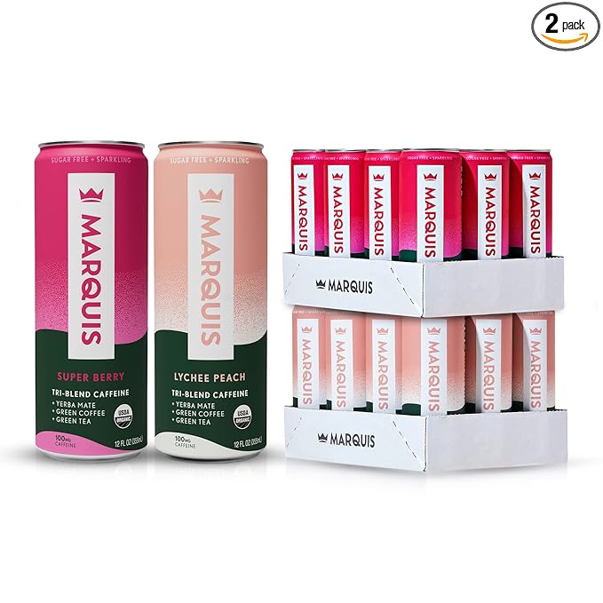 Marquis | Organic Energy Drink Alternative with Organic Plant Based Caffeine | Vegan Zero Calorie Sugar Free Sparkling Yerba Mate | Keto Energy Drinks Alternative | Super Berry x1+ Lychee Peach x1
