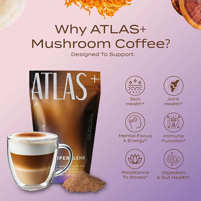 Atlas+ Latte Mushroom Coffee Superblend– Premium Coffee with Collagen Probiotics D3 &amp B12 Lion’s Mane Reishi Cordyceps Coconut– for Energy Focus Immunity &amp Gut Health– 20 Servings (1 B