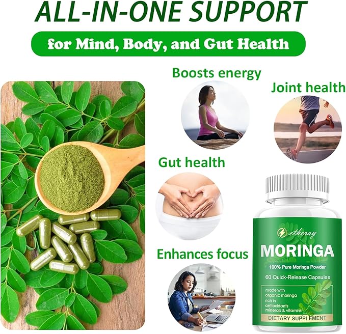 Moringa Capsules Pure Moringa Powder 800mg per Serving - Rich in Antioxidants Multi Minerals &amp Vitamins | Green Superfood - Natural &amp Vegan Supplement - 60 Capsules