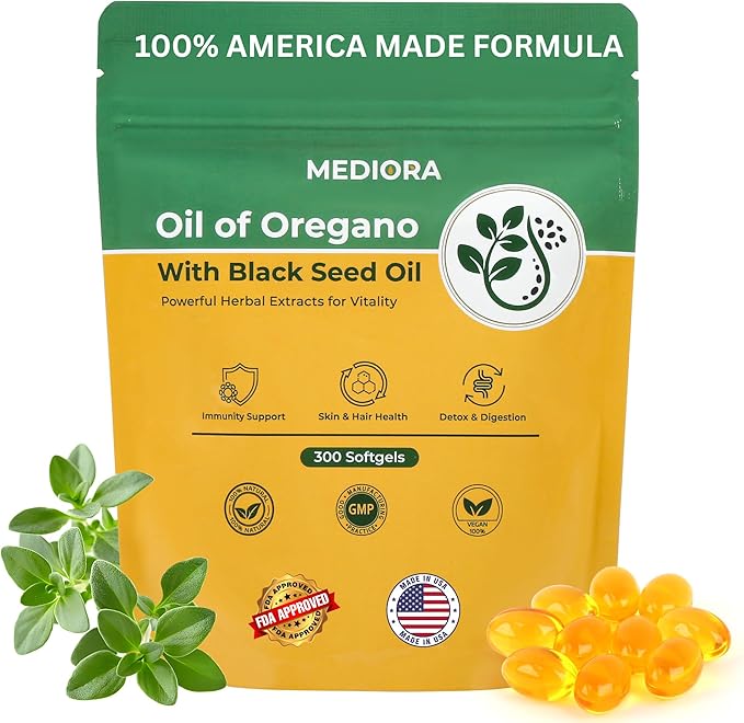 Oil of Oregano with Black Seed Oil Softgels 300 Count 2 in 1 Organic Oregano Capsules for Digestive &amp Immune Support Carvacrol &amp Thymoquinone Plant Based Non-GMO Gluten Free