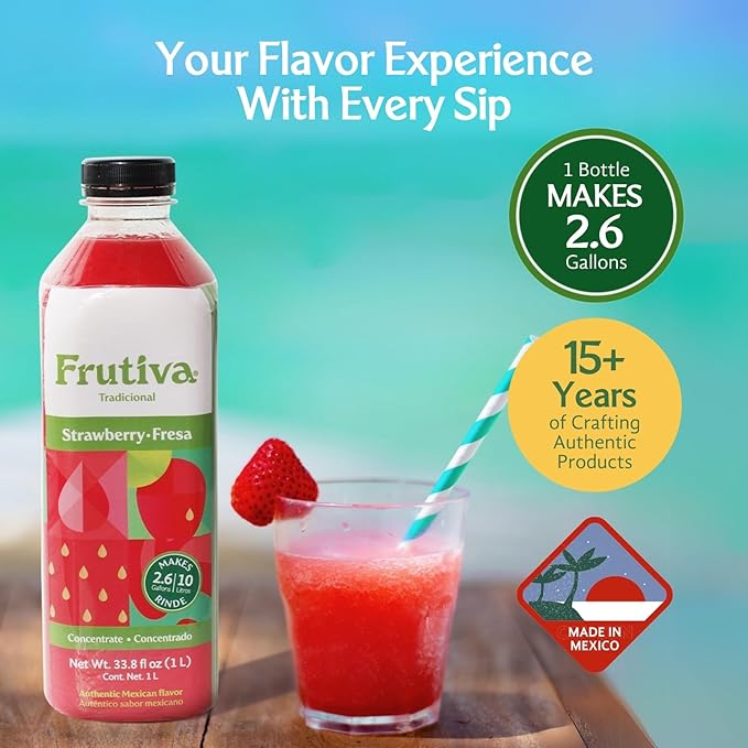 Frutiva Authentic Strawberry Drink Mix | Made in Mexico with Cane Sugar Oats &amp Cinnamon | Aguas Frescas Concentrate Makes 2.6 Gallons Per Bottle | No High Fructose Corn Syrup | Perfect for Drinks