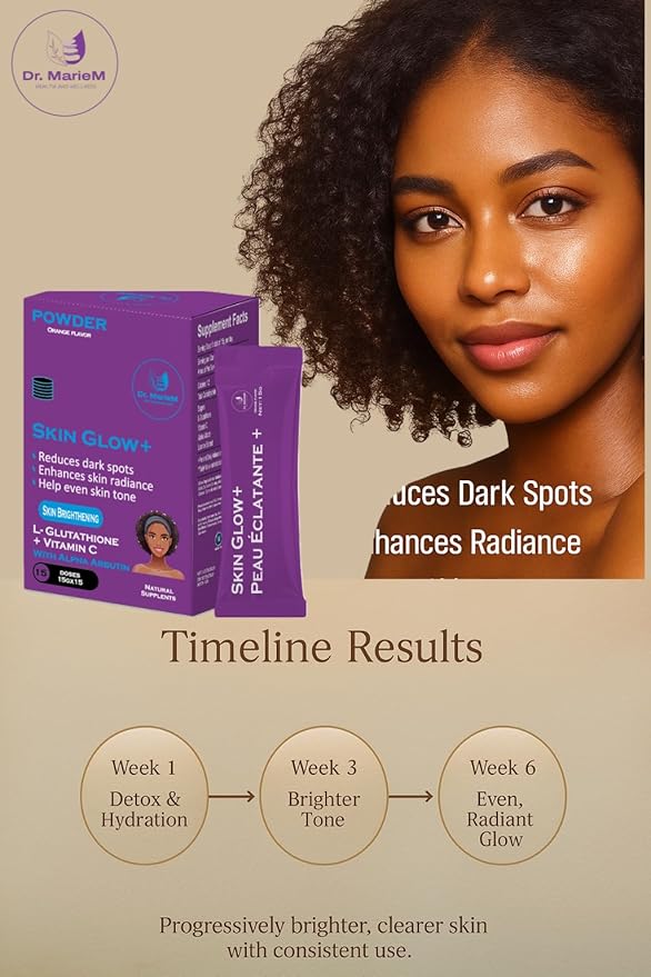Skin Glow+ Brightening Powder - Supplement – 1000mg L-Glutathione + 500mg Vitamin C with 200mg Alpha Arbutin – Reduces Dark Spots Evens Skin Tone – Orange Flavor – 15g/stick
