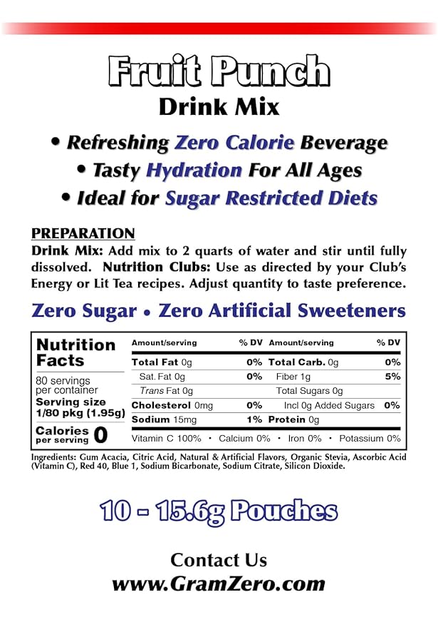 GramZero Fruit Punch Sugar Free Drink Mix Pitcher Pack Great For Nutrition Club Loaded Tea Zero Calorie Stevia Sweetened