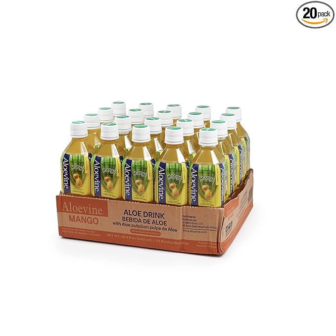 Aloevine Aloe Vera Drink Mango – Drink Aloe Juice with Real Aloe Chunks | Healthy Plant-Based Korean Beverage | Aloe Vera Juice | 16.9 oz Bottles (20 Pack)