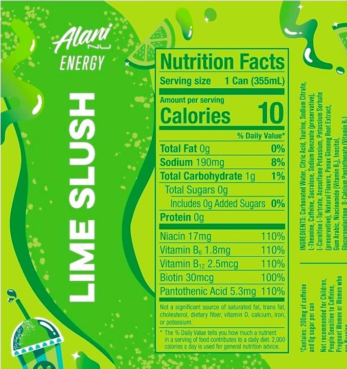 Alani Lime Slush Energy Drinks sugar free low calorie energy drinks 12 Fl Oz Cans (Pack of 3)