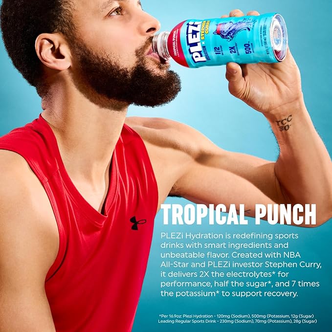 PLEZi Tropical Punch Hydration Drink x Stephen Curry - Sports Drinks with 2X Electrolytes - 500mg Potassium Low Sugar No Added Sugar - For Kids &amp Adults - 16.9 Fl Oz (12 Pack)