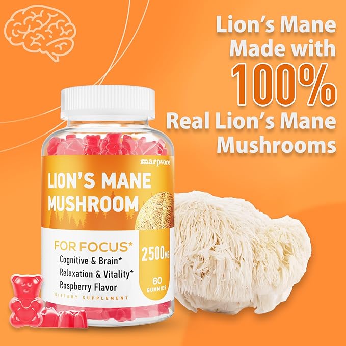 Lions Mane Gummies Organic Lion's Mane Lions Mane Gummies for Adults with Ashwagandha &amp Alpha GPC Cortisol Supplements for Women &amp Men 60 Counts