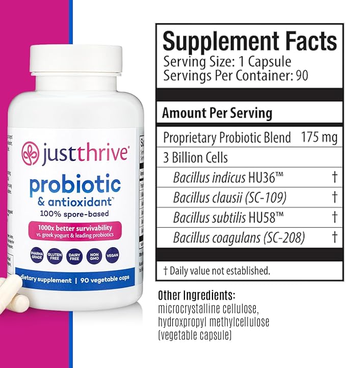 Just Thrive Probiotic &amp Antioxidant Supplement - 100% Spore-Based Digestive and Immune Support - Gluten Free 90 Caps