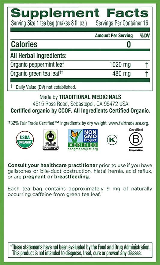 Traditional Medicinals Organic Green Tea Peppermint Herbal Tea Alleviates Digestive Discomfort (Pack of 4) - 64 Tea Bags Total