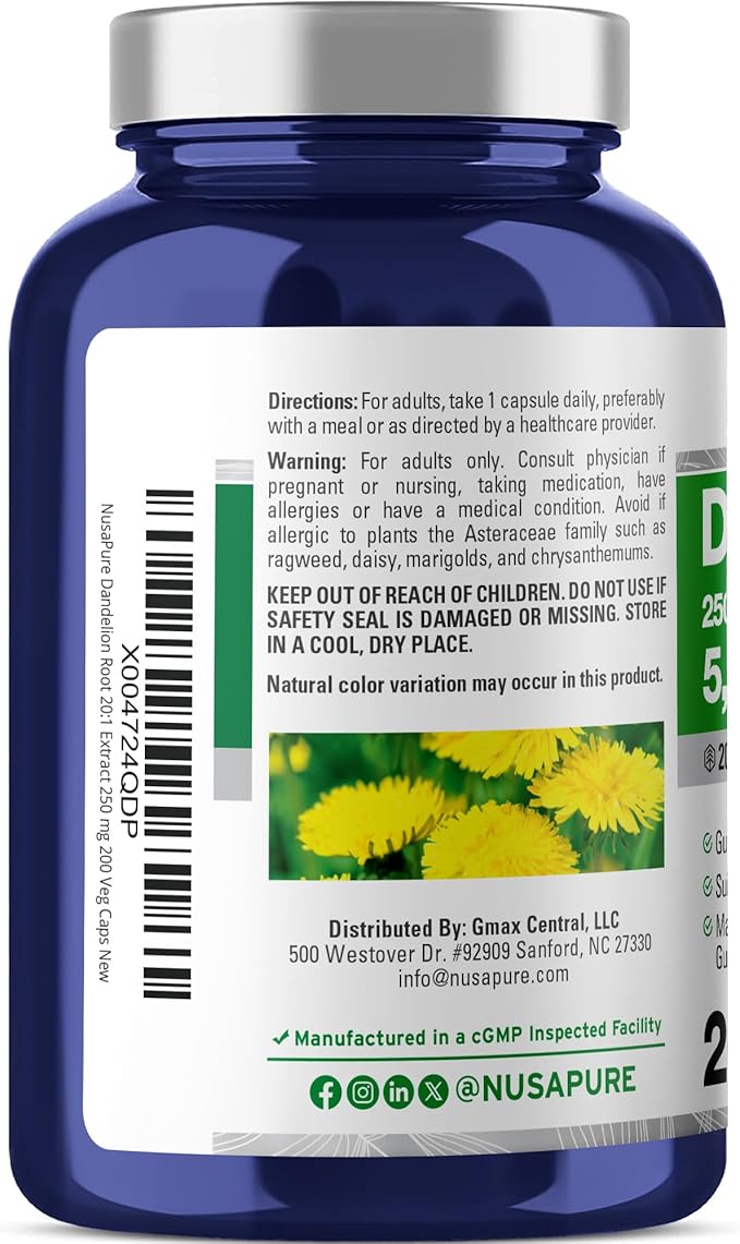 NusaPure Dandelion Root 20:1 Extract 250 mg Equivalent to 5000mg 200 Veg Capsules (Vegan Non-GMO)