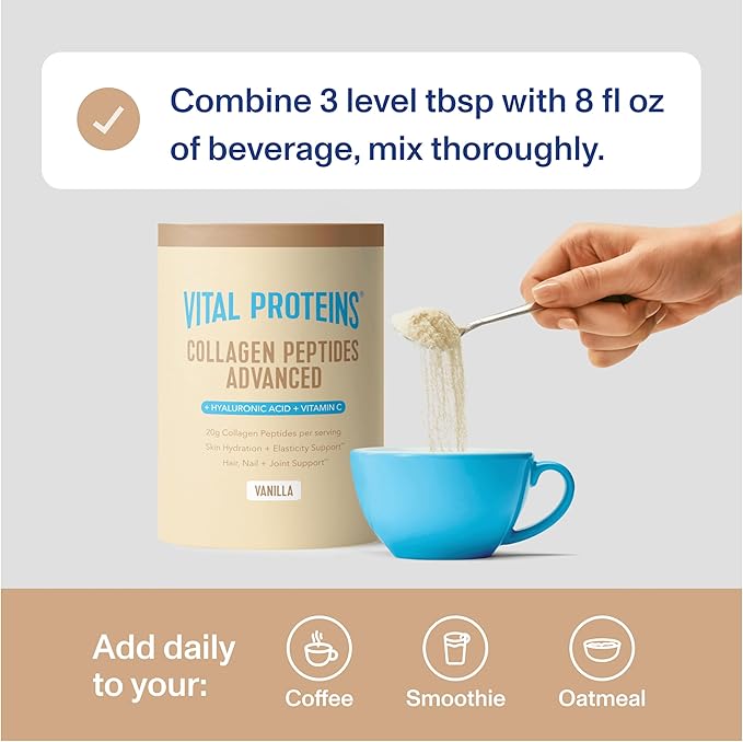 Vital Proteins Collagen Peptides Advanced Hydrolyzed Peptides with Hyaluronic Acid and Vitamin C - Vanilla Flavor Powder 21oz