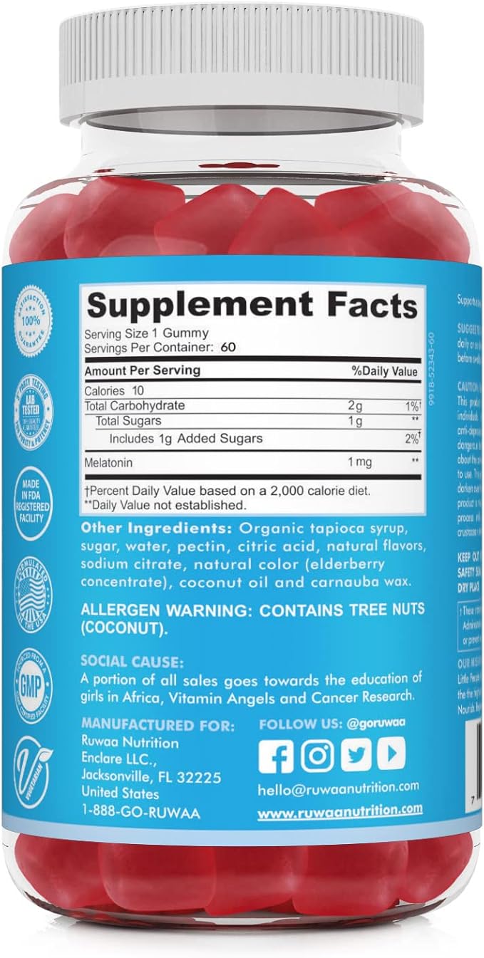 RUWAA NUTRITION Melatonin Kid Gummies. Chewable Safe Drug-Free &amp Effective Children's Sleep Aid &amp Teens. 1mg Melatonin Gummy Gluten-Free Vegetarian Restful Sleep Supplement for Ages 4+. 60c