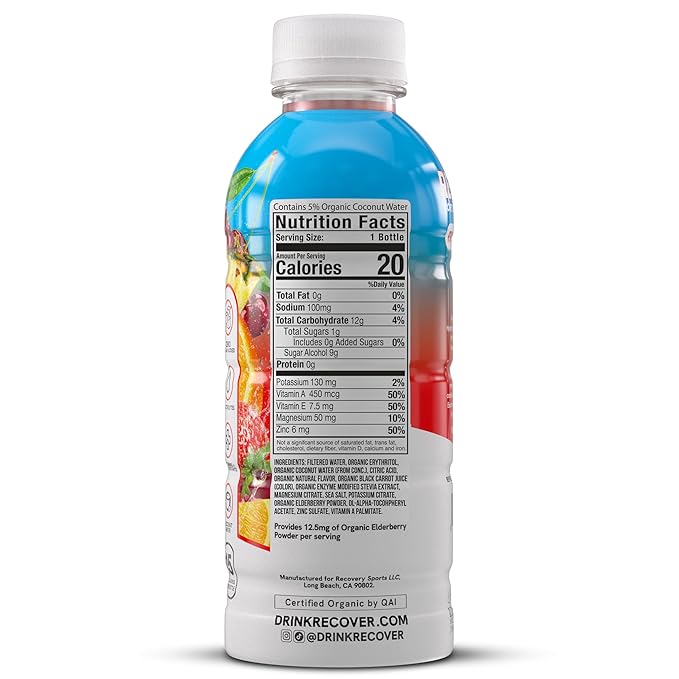 RECOVER 180 Organic Sports Hydration Drink No Sugar Added 20 Calorie Sports Beverage Organic Flavors With Vitamins Potassium-Packed Electrolytes (16.9 Fl Oz (Pack of 12) Fruit Punch)