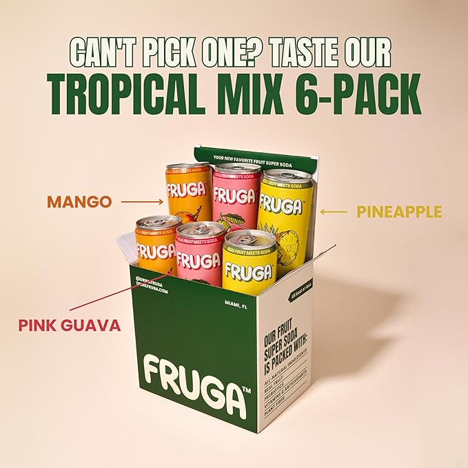 FRUGA Tropical Mix Sparkling Fruit Super Soda | Prebiotic Soda Low Calorie Healthy Soda Benefits and Vitamin Boost - 12 Fl Oz (Pack of 12)