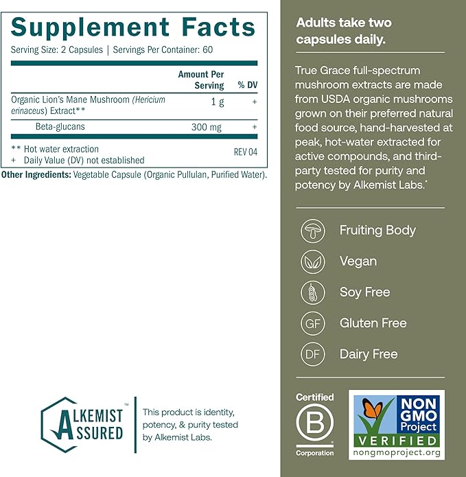 True Grace Mushroom Lion's Mane Brain Nerve &amp Cognitive Support - 120 Count Capsules - Organic