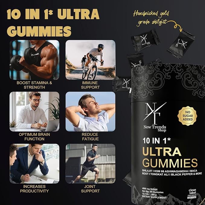 Shilajit Gummies 10-in-1 Ultra Shilajit Gummies | 4000 mg Pure Shilajit Tongkat Ali Maca Root 75% Fulvic Acid | Sugar-Free Vegan 85+ Trace Minerals | 90 Pack