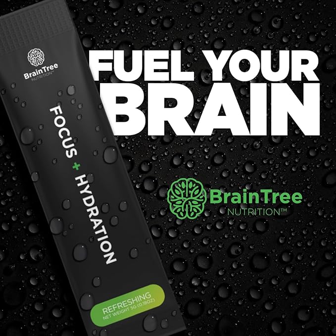 BrainTree Nutrition - Focus + Hydration - Electrolyte Drink Mix - Total Body Hydration - Supports Cognitive Function Energy &amp Muscle Recovery - Sugar Free - Refreshing - 30 Stick Packs