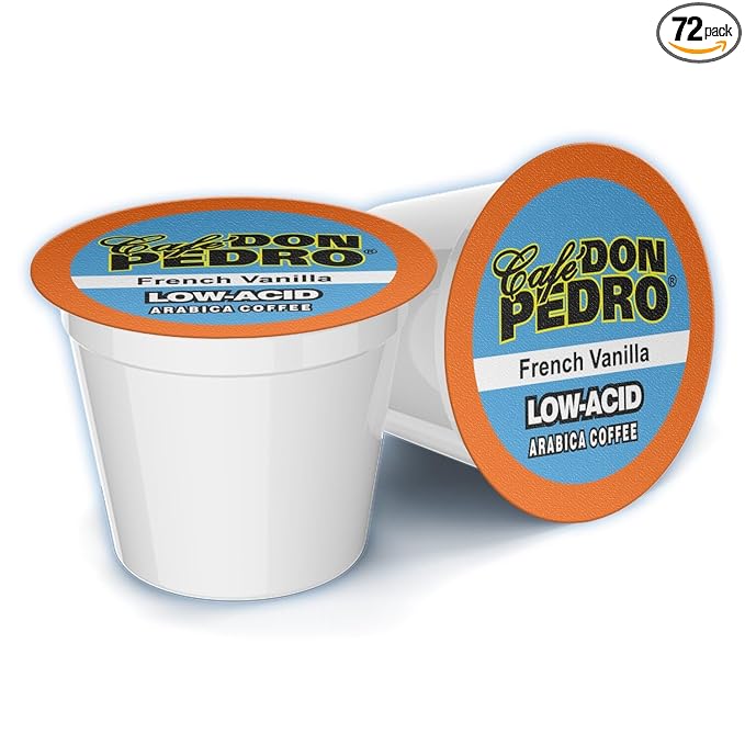 Cafe Don Pedro French Vanilla Low Acid Coffee Pods 100% Arabica K Cups Naturally Low Acid Coffee K Cups Battles Heartburn and Acidic Reflux 72 Cups Compatible with K-cup Coffee Maker