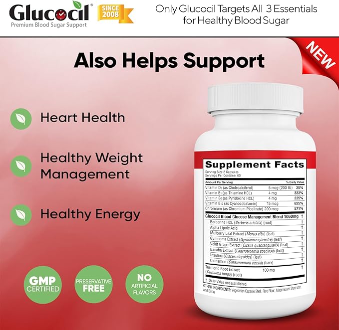 Glucocil – Vegetarian Capsules - Premium Blood Sugar Support - Supports the 3 Essentials for Healthy Blood Sugar - with Berberine Proprietary Mulberry Leaf and More