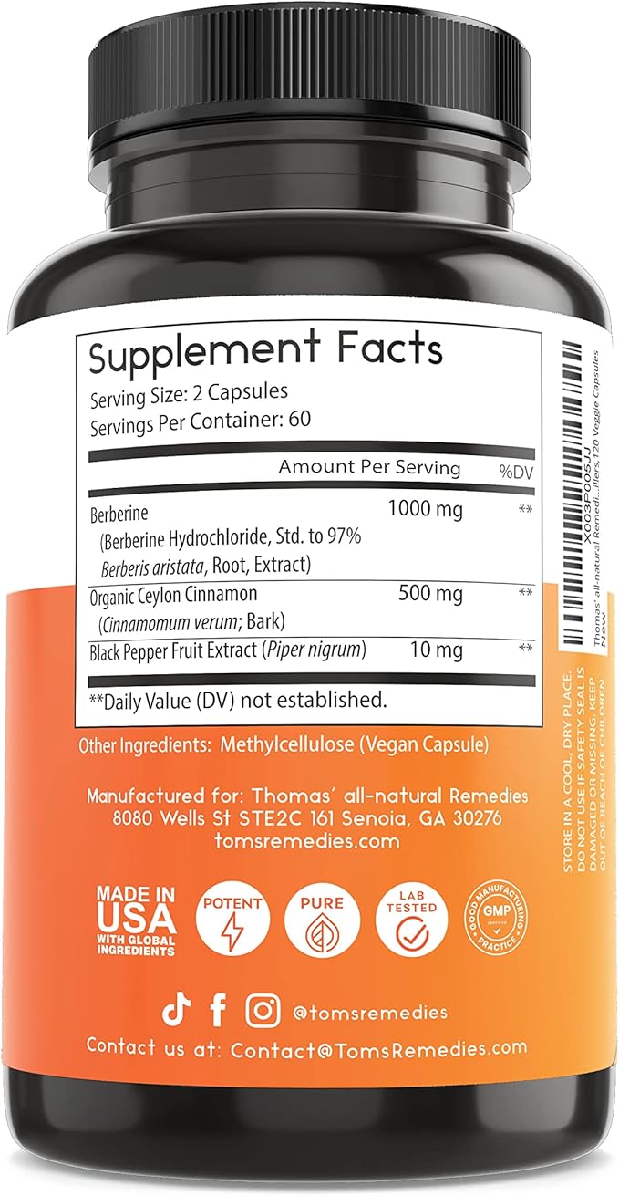Thomas' all-natural Remedies Berberine 1000mg Metabolic Support - 120 Vegan Capsules w/Organic Ceylon Cinnamon &amp Black Pepper | Supports Healthy Heart and Gut Health &amp Overall Wellness