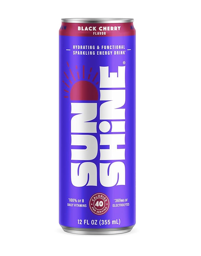 Sunshine Sparkling Energy Drink Black Cherry with Daily Essential Vitamins 360mg of Electrolytes 70mg of Natural Caffeine 12 Fl Oz (Pack of 12)