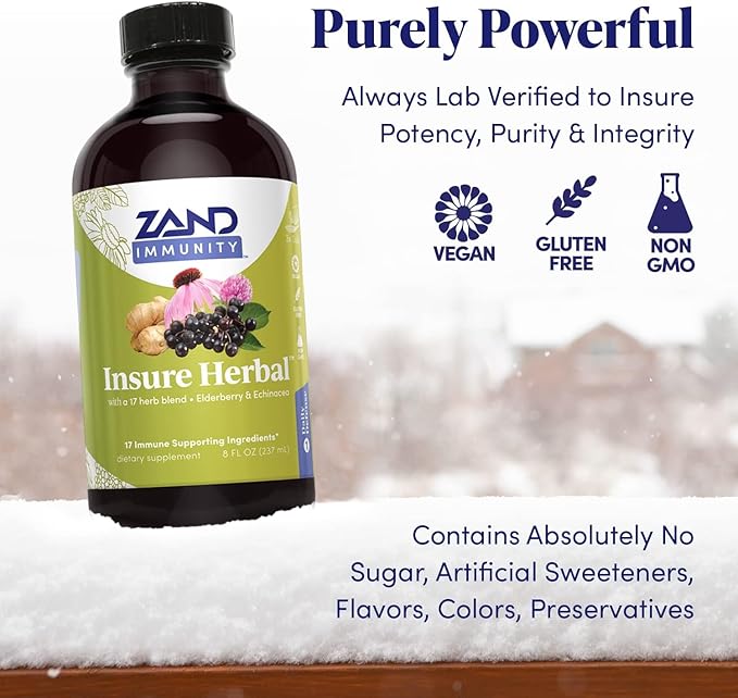 ZAND HERBALS Insure Herbal Liquid Blend - 17 Wellness Ingredients - w/Echinacea Elderberry Ginger Sage Peppermint and More - Gluten Free Vegan Non-GMO 60-Day Guarantee 197 Servings 8 FL OZ