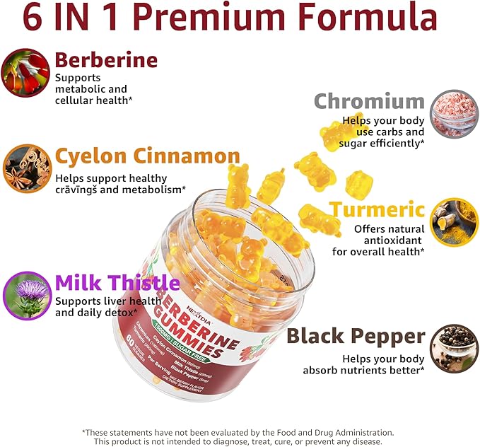 Berberine Gummies Supplement 1500mg Natural GLP-1 Support + Ceylon Cinnamon Chromium Milk Thistle Turmeric AMPK Activator for Women &amp Men Berberine HCl from Indian Barberry Sugar Free 60 C
