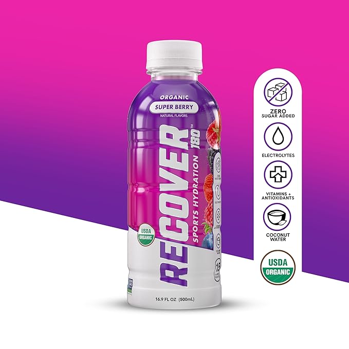 RECOVER 180 Organic Sports Hydration Drink No Sugar Added 20 Calorie Sports Beverage Organic Flavors With Vitamins Potassium-Packed Electrolytes (16.9 Fl Oz (Pack of 12) Super Berry)