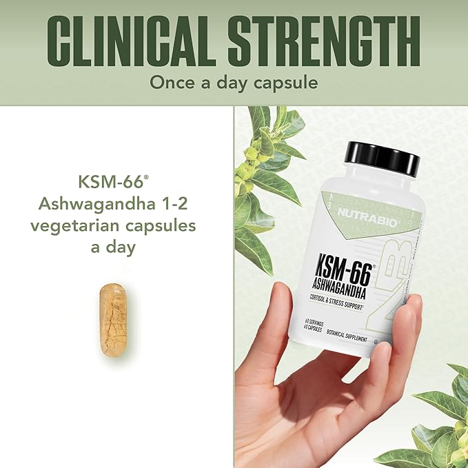 NutraBio Ashwagandha KSM-66 | Ashwagandha Herbal Supplement for Stress Mood &amp Performance | 600 MG of Clinically Studied KSM66 60 Capsules
