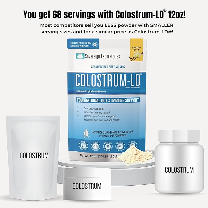 Colostrum-LD Liposomal Delivery - Colostrum Powder - Gluten-Free Lactose-Reduced - 68 Servings - Sovereign Laboratories - 12oz Vanilla