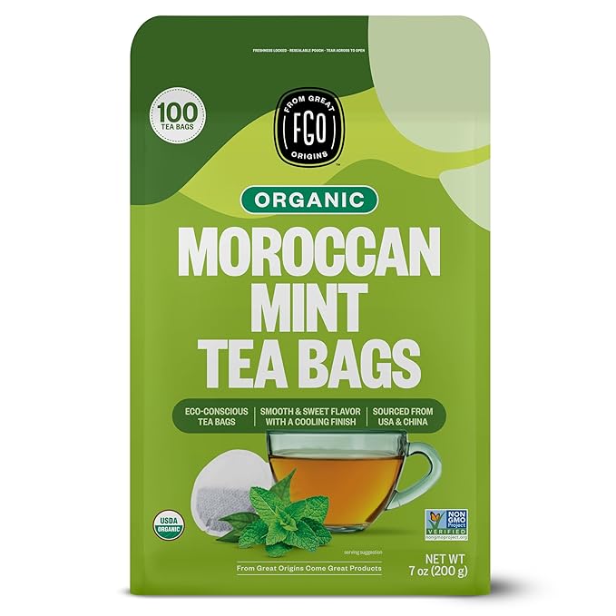 FGO Organic Moroccan Mint Green Tea 100 Count Eco-Conscious Tea Bags Resealable Bag Packaging May Vary (Pack of 1)