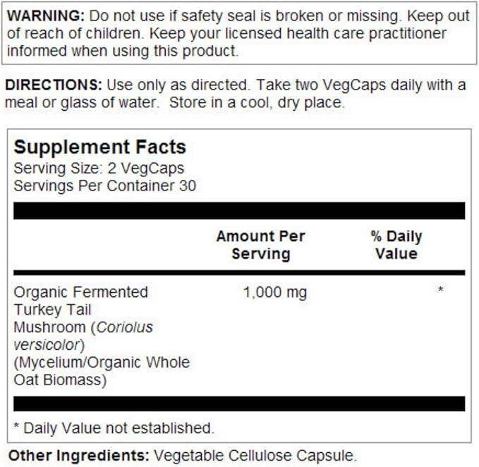 SOLARAY Fermented Turkey Tail Mushroom Supplement 1000mg - Overall Wellness Support - Turkey Tail Mushroom Capsules with Organic Mushrooms - Vegan Non-GMO Lab Verified 60-Day Guarantee 30 Servings