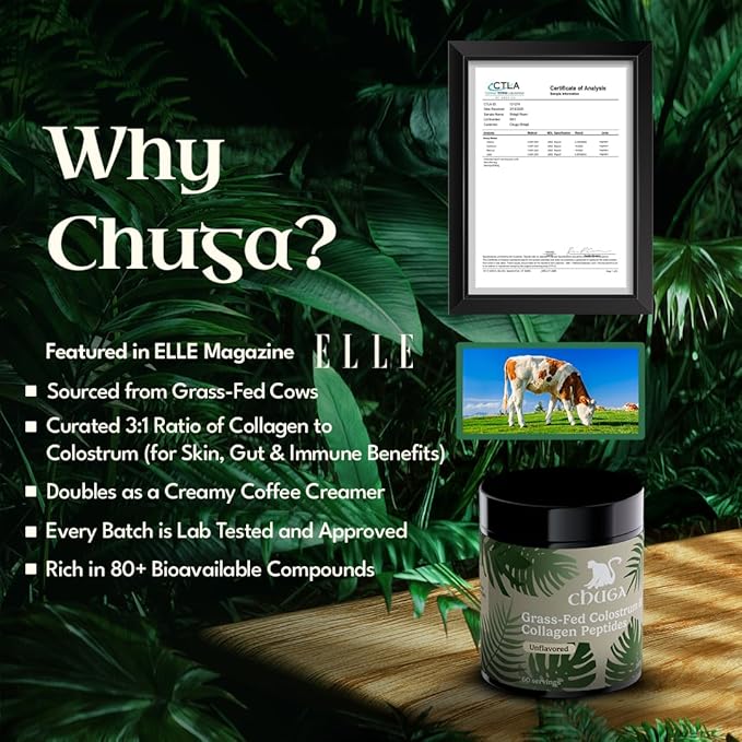 Chuga Grass Fed Colostrum &amp Collagen Peptides 60 Servings | Enhances Hair &amp Nails | Glowing Skin | Gut Wall Strengthening