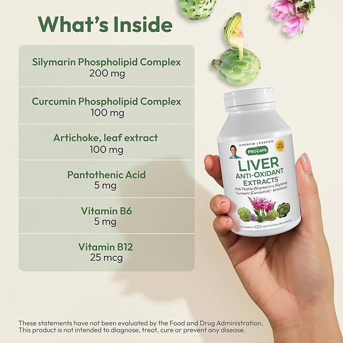 ANDREW LESSMAN Liver Anti-Oxidant Extracts 180 Capsules - Supports The Hard-Working Tissues of The Liver Promotes Optimum Liver Health and Function. Milk Thistle Turmeric and Artichoke Extracts