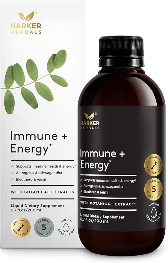 Immune + Energy Syrup Herbal Formula with Ashwagandha Echinacea Astragalus and Ginseng High Absorption Easy to Take Caffeine-Free - 6.7 Fl oz (40 Servings)