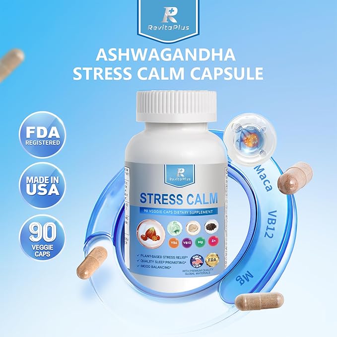 8-in-1 Ashwagandha Supplements with B12 B6 Magnesium Maca Zinc Folate Cortisol Supplements for Women and Men Supports Stress Relief Sleep Energy Focus(90 Capsules)