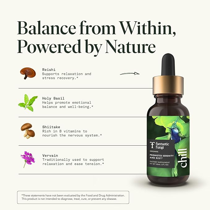 Fantastic Fungi Reishi Mushroom Extract Drops - Chill Elixir Mushroom Tincture with Holy Basil Shiitake &amp Vervain - 4-in-1 Organic Mood Support Supplement for Relaxation &amp Calm 30 Servings