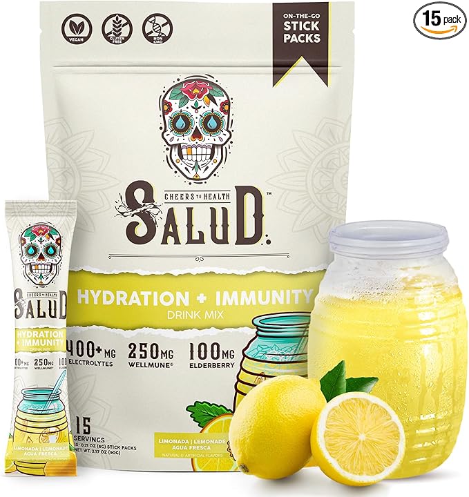 Salud 2-in-1 Hydration Packets + Immunity Electrolytes Powder Lemonade - Agua Fresca Drink Mix Elderberry Dairy &amp Soy Free Non-GMO Gluten Free Vegan Low Calorie 1g Sugar (15 Servings)