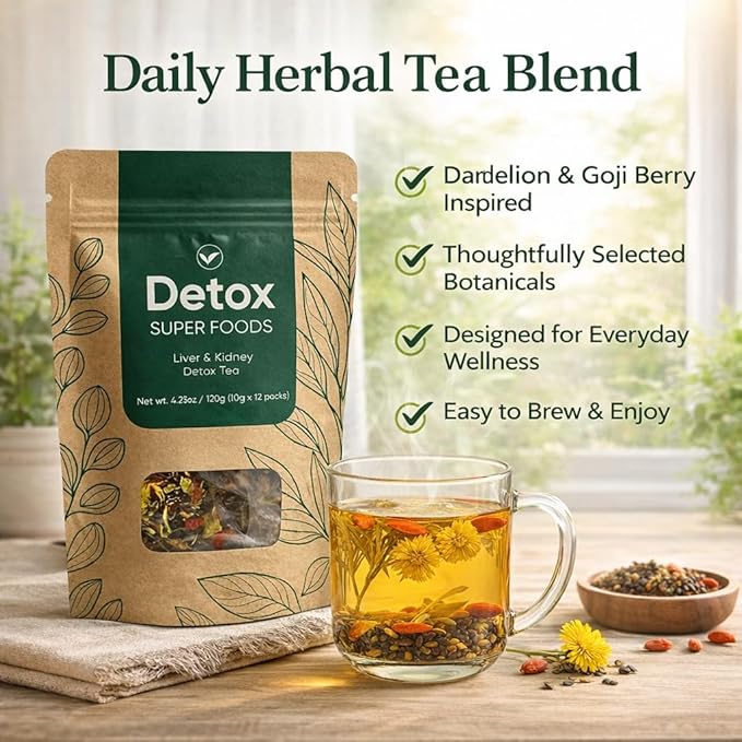 Liver &amp Kidney Detox Tea Natural Herbal Blend with Dandelion Root Goji Berry Cassia Seed Orange Peel &amp Chrysanthemum Refreshing Daily Wellness Tea – 12 Servings