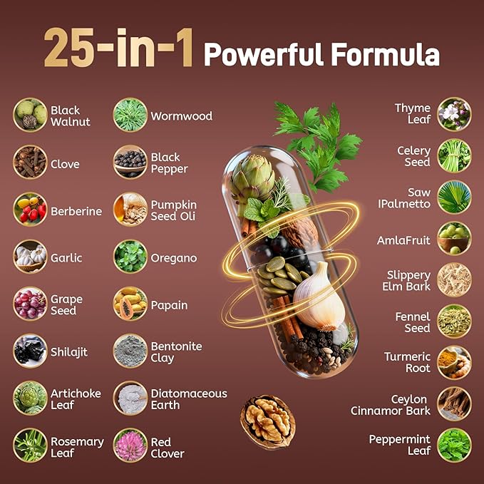 Totaria 120 Counts 25-in-1 Wormwood Black Walnut Clove Cleanse for Humans Capsules - Gut Cleanse Detox &amp Digestive &amp Liver Health with Pumpkin Seed Oil Clove Garlic Oregano - Herbal Vegan Caps