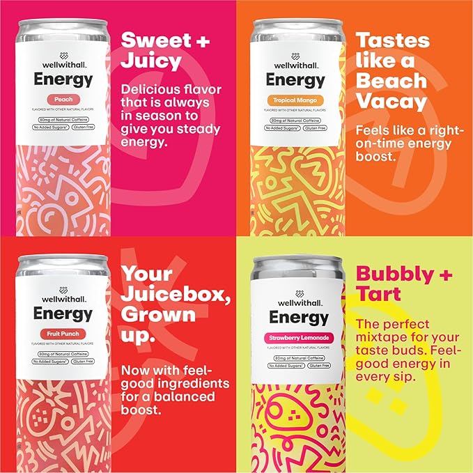 WellWithAll Energy Drink Variety Pack Strawberry Lemonade Fruit Punch Tropical Mango Peach Flavors Caffeine from Tea With Vitamin C Lightly Sparkling Beverage Juice Blend 12 oz 12-Pack