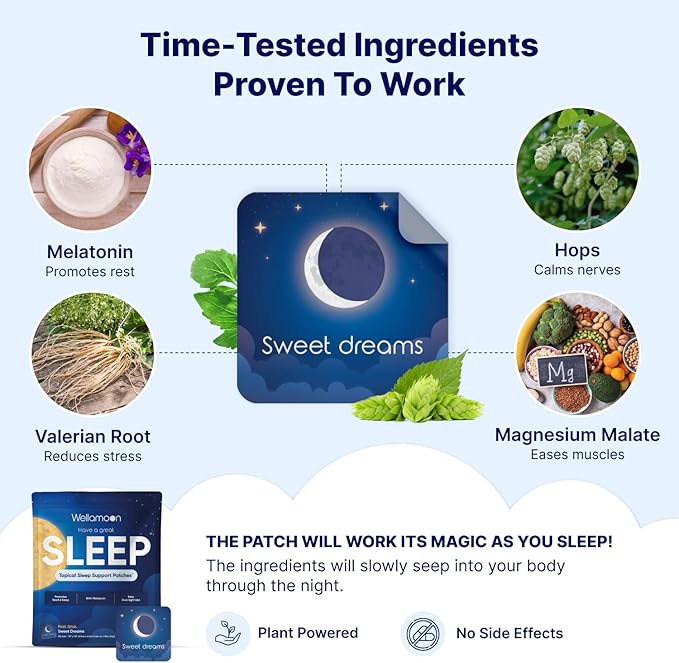 Wellamoon Original Sleep Patches for Adults Extra Strength | Easy-to-Apply Sleep Patch with Melatonin &amp Valerian | Relax &amp Wake Up Refreshed | Long-Lasting Night Comfort for Men &amp Women |