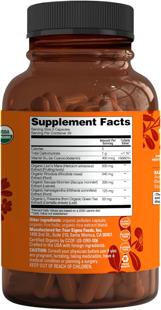 Four Sigmatic Focus Capsules | Lion's Mane Supplement Capsules | Brain Boosting Complex with Ashwagandha Bacopa Monnieri &amp Rhodiola | Vegan Nootropic Adaptogen &amp Mushroom Supplement | 30 Serv