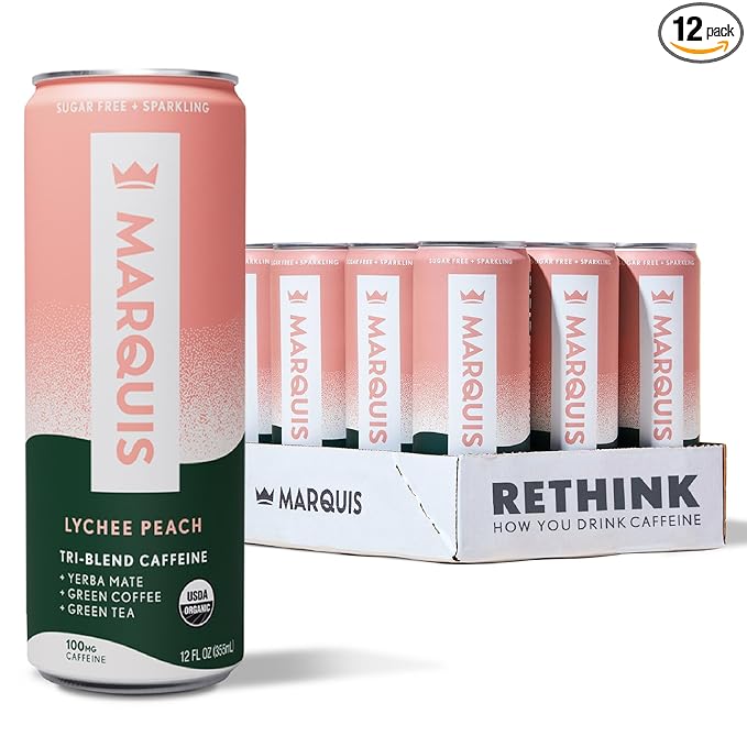 Marquis Natural Energy Drinks Sugar Free Zero Calories 100mg Organic Plant Based Caffeine Yerba Mate Green Tea &amp Green Coffee - Vitamin C &amp Bs - Lychee Peach Healthy Energy Drink - 12oz Cans